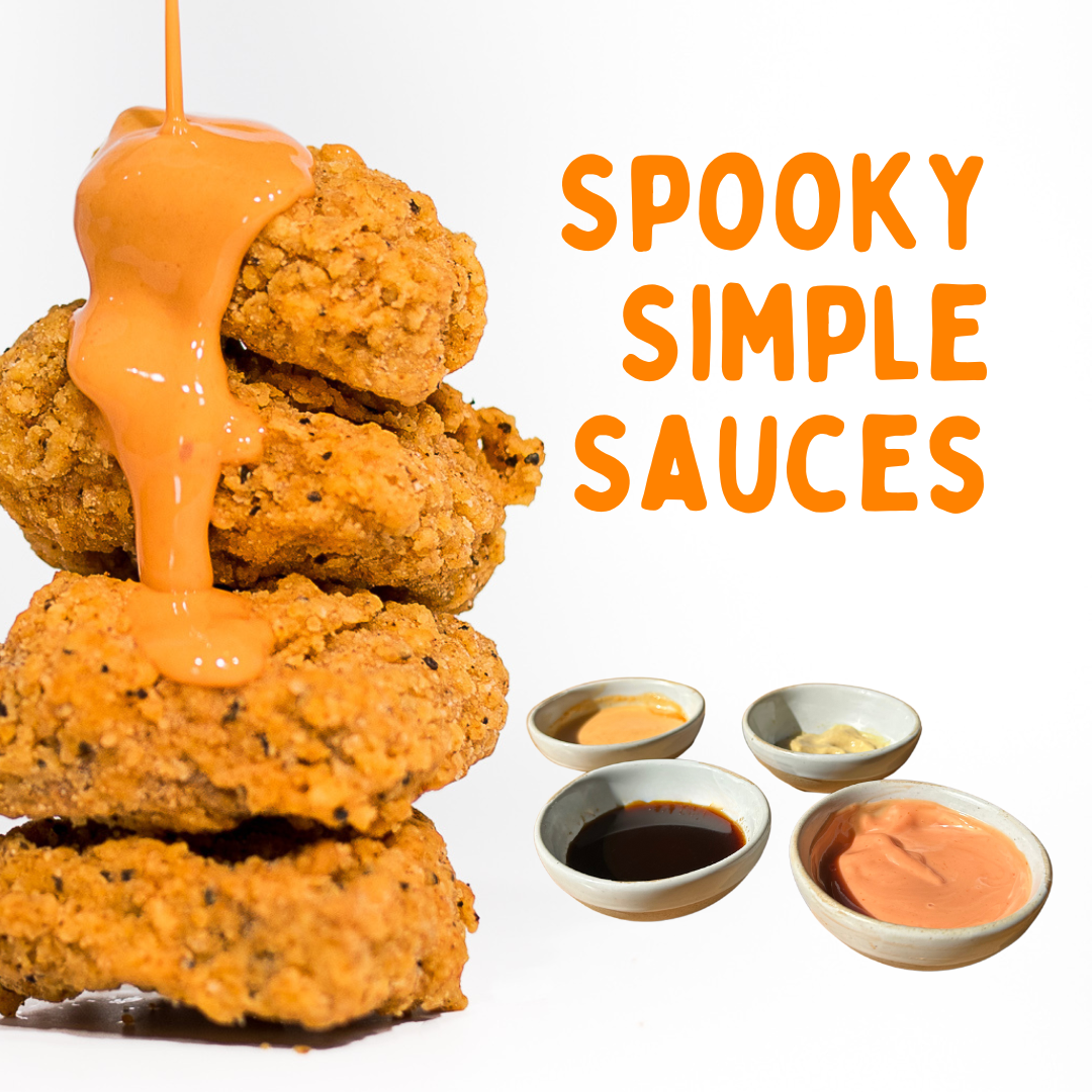 Spooky Simple Sauces that Pair with our Seitan Nuggets - stack of seitan vegan vegetarian nuggets with sauce dripping down the side